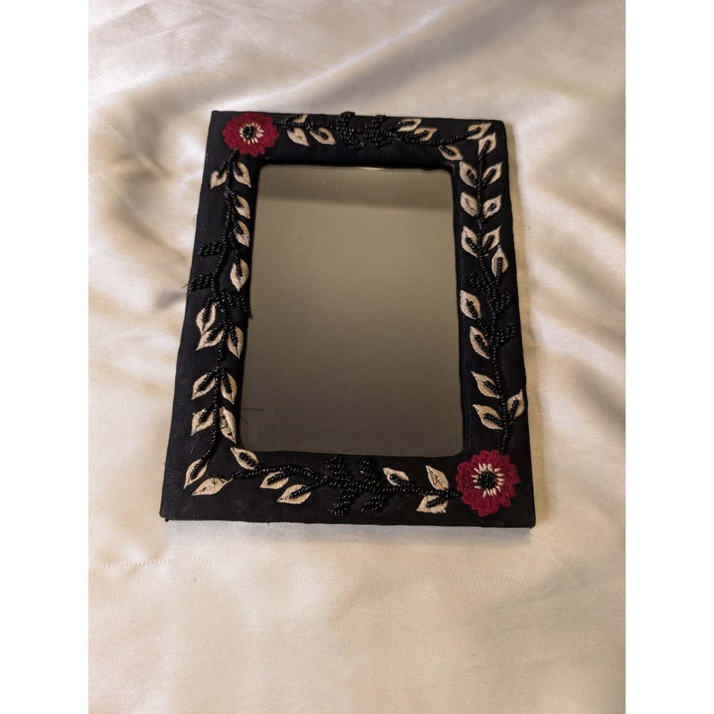 90s Beaded Floral Fabric Picture Frame 4x6 Black Red Embroidered Botanical India
